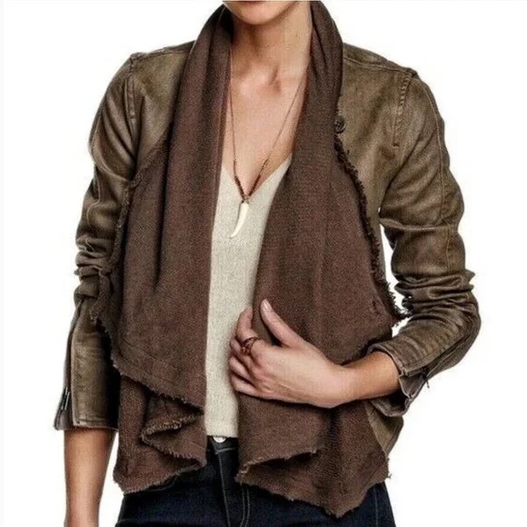 Free People Drape Front Coated Denim Moto Jacket in Olive Green - Picture 2 of 9